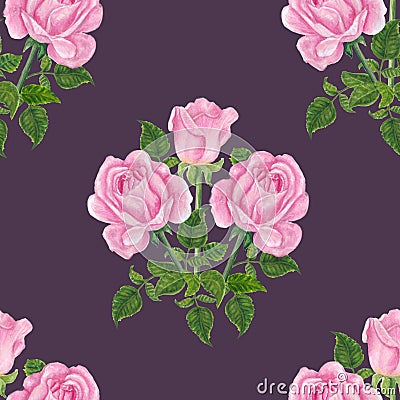 Hand-drawn watercolor pink roses seamless pattern Stock Photo