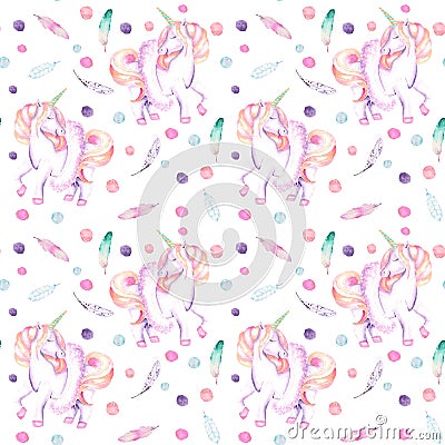 Seamless pattern with watercolor pink unicorn in tutu, feathers and confetti Stock Photo