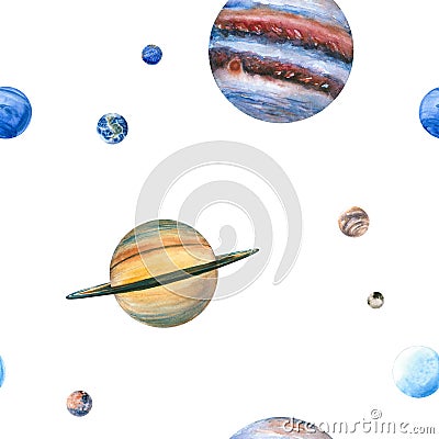 Seamless pattern of watercolor planets. Hand drawn illustration is isolated on white. Painted solar system Cartoon Illustration