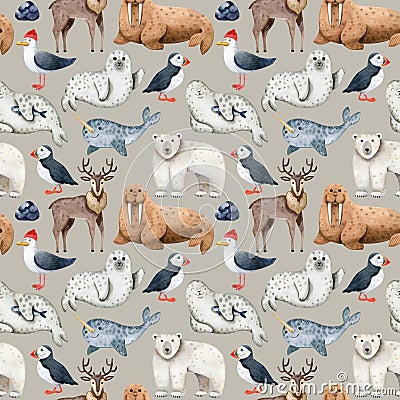 Seamless pattern with watercolor polar animals on beige background Stock Photo