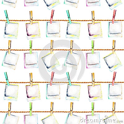 Seamless pattern with watercolor polaroid snapshots attached with clothespins to the ropes Stock Photo