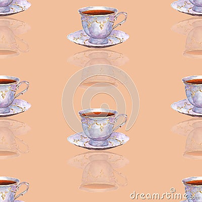 Seamless pattern with watercolor porcelain tea cups on cream ba Stock Photo