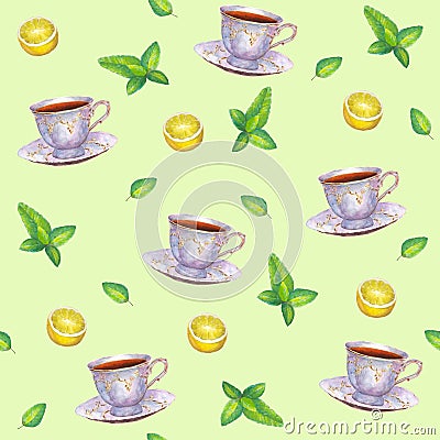 Seamless pattern with watercolor porcelain tea cups, lemon and m Stock Photo