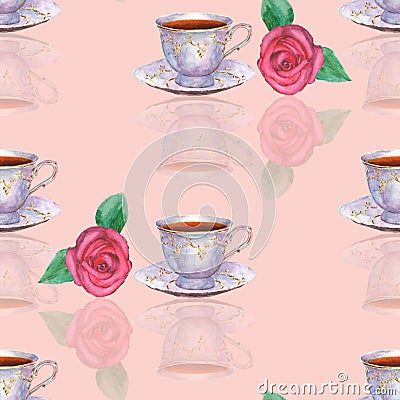 Seamless pattern with watercolor porcelain tea cups and roses on Stock Photo