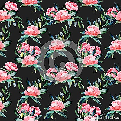 Seamless pattern with watercolor red peonies and green leaves Stock Photo