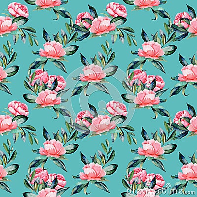 Seamless pattern with watercolor red peonies and green leaves Stock Photo