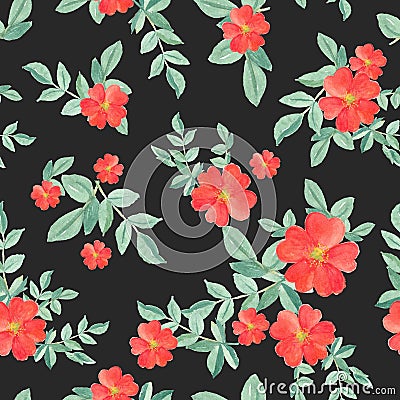 Seamless pattern watercolor of red rose and green leaves on black, hand painted plant illustration for fashion textile Cartoon Illustration