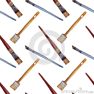 Seamless pattern watercolor repairs tool paint brush on white background. Artist creative hand drawn object for make-up Stock Photo