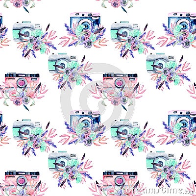 Seamless pattern with watercolor retro cameras in floral decor Stock Photo