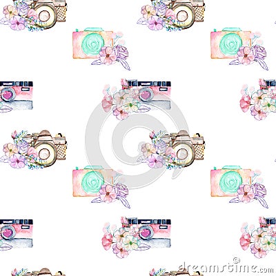 Seamless pattern with watercolor retro cameras in floral decor Stock Photo