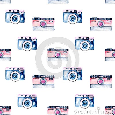 Seamless pattern with watercolor retro cameras Stock Photo