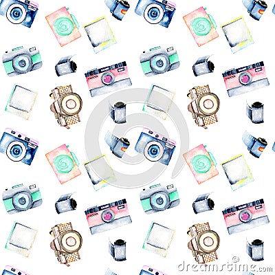 Seamless pattern with watercolor retro cameras, snapshots and films Stock Photo