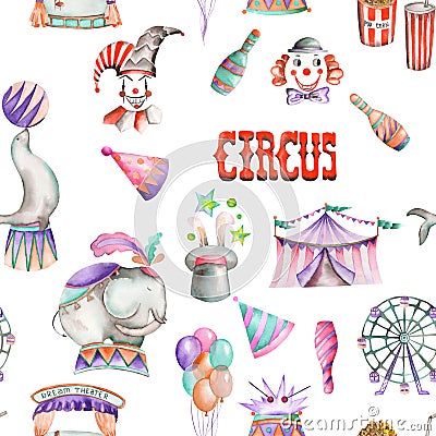 A seamless pattern with the watercolor retro circus elements: air balloons, pop corn, circus tent (marquee), ice cream, circus ani Stock Photo