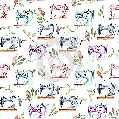 Seamless pattern with watercolor retro sewing machines and floral elements Stock Photo