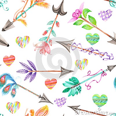 Seamless pattern of watercolor romantic arrows and hearts Stock Photo