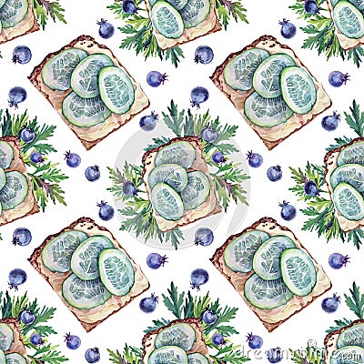 Seamless pattern watercolor sandwich with cucumber and bread, green leaves, berries blueberry on white background Stock Photo