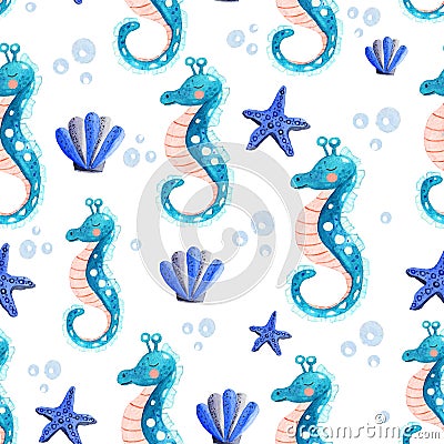 Seamless pattern with watercolor seahorse and shells Cartoon Illustration