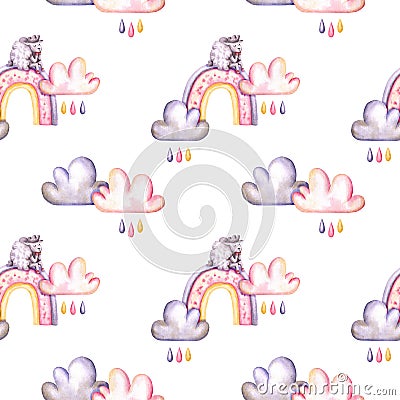 Seamless pattern with watercolor sheeps, clouds, raindrops, rainbow. Hand drawn illustration is isolated on white. Cute ornament Cartoon Illustration