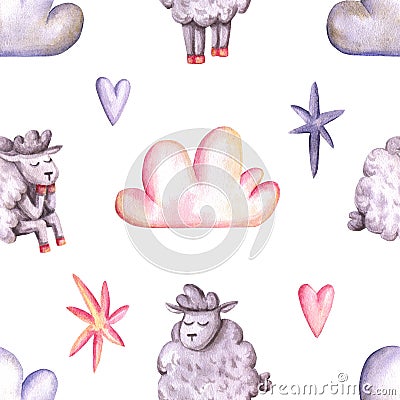 Seamless pattern with watercolor sheeps, clouds, stars, hearts. Hand drawn illustration is isolated on white. Cute painted Cartoon Illustration