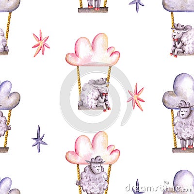 Seamless pattern with watercolor sheeps, clouds, stars, swing. Hand drawn illustration is isolated on white. Cute painted ornament Cartoon Illustration