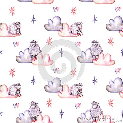 Seamless pattern with watercolor sheeps, hearts, clouds, stars. Hand drawn illustration is isolated on white. Cute ornament Cartoon Illustration