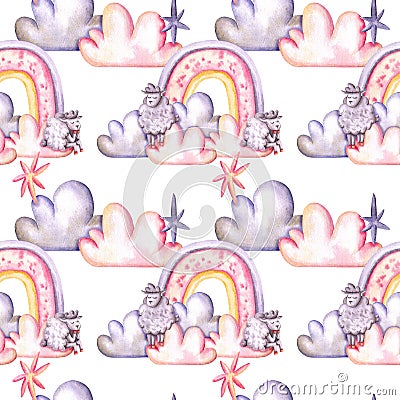 Seamless pattern with watercolor sheeps, rainbow, clouds, stars. Hand drawn illustration is isolated on white. Cute ornament Cartoon Illustration