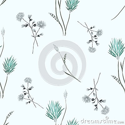 Seamless pattern of watercolor small wild turquoise flowers and gray bouquets on a light blue background Stock Photo