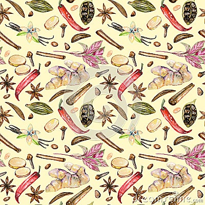 Seamless pattern with watercolor spices cinnamon, anise, basil, caraway, cardamom, red pepper, ginger, vanilla and cloves Stock Photo