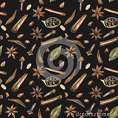 Seamless pattern with watercolor spices cinnamon, anise, caraway, cardamom and cloves Stock Photo