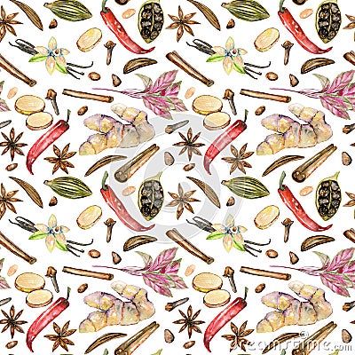 Seamless pattern with watercolor spices cinnamon, anise, caraway, cardamom, red pepper, ginger, vanilla and cloves Stock Photo