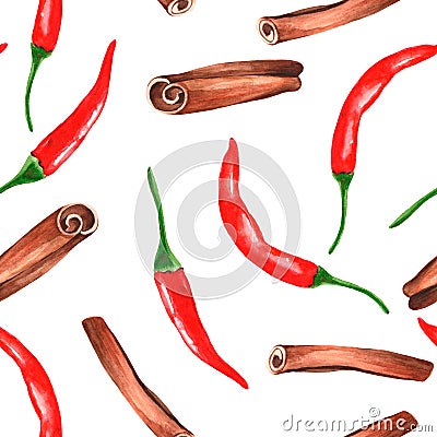 Seamless pattern with watercolor spices - cinnamon and chili pepper. Decorative colorful composition. Stock Photo