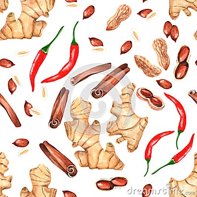Seamless pattern with watercolor spices - ginger, tomato cherry and hot red chili pepper. Stock Photo