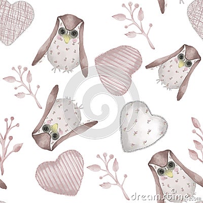 Seamless pattern. Watercolor style textile stuffed owls, branches and hearts Stock Photo