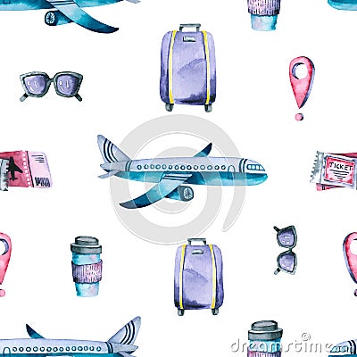 Seamless pattern with watercolor suitcase, ticket, coffee, sunglasses, plane. Hand painted illustration isolated on white Cartoon Illustration