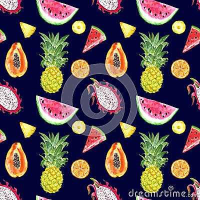 Seamless pattern with watercolor summer exotic fruits - watermelon slice, pineapple, papaya, dragon fruit on navy blue background Cartoon Illustration