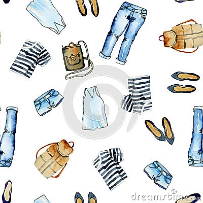 Seamless pattern with watercolor summer women`s clothing and bags Stock Photo