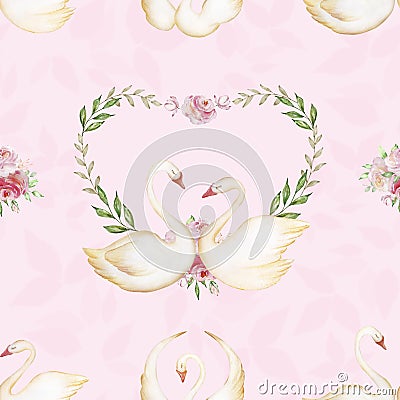 Seamless pattern of watercolor swans, flowers and leaves Stock Photo