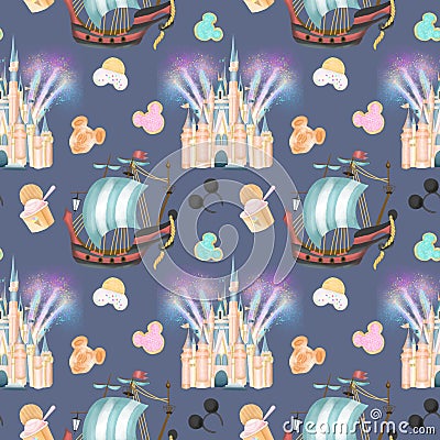 Seamless pattern with watercolor sweets and attractions from the amusement park, attributes of magic kingdom Stock Photo