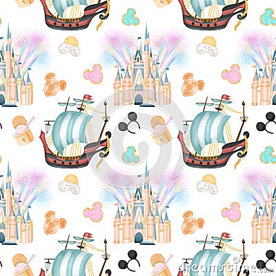 Seamless pattern with watercolor sweets and attractions from the amusement park, attributes of magic kingdom Stock Photo