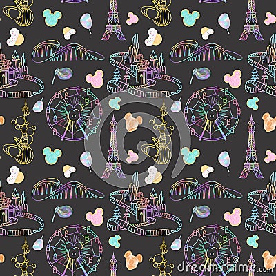 Seamless pattern with watercolor sweets and attractions from the amusement park Stock Photo