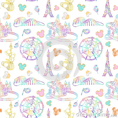 Seamless pattern with watercolor sweets and attractions from the amusement park Stock Photo