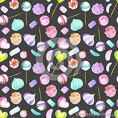 Seamless pattern with watercolor sweets candies, lollipop, marshmallow and paste Stock Photo