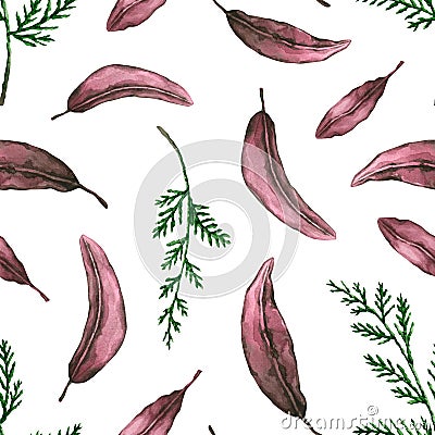 Seamless pattern with watercolor thuja branches with lilac leaves. Hand drawn illustration is isolated on white. Repeat ornament Cartoon Illustration