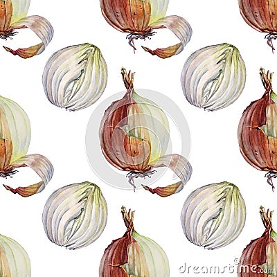 Seamless pattern watercolor unpeeled onion and slice isolated on white background. Vitamin golden brown vegetable for Stock Photo