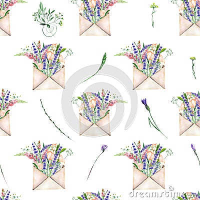 Seamless pattern with watercolor vintage mail envelopes and flowers Stock Photo