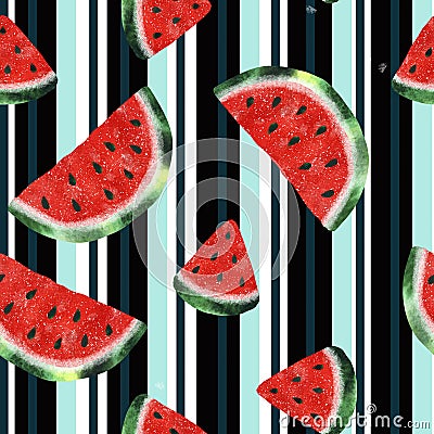 Seamless pattern with watercolor watermelon Stock Photo