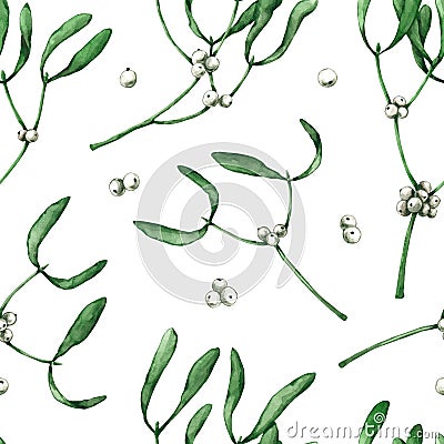 Seamless pattern with watercolor white mistletoe. Hand drawn illustration is isolated on white. Repeat ornament Cartoon Illustration