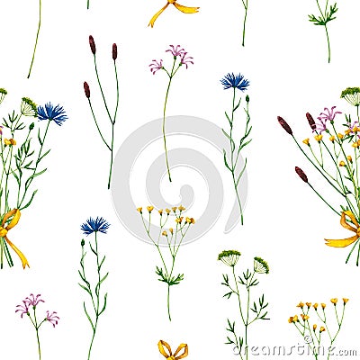 Seamless pattern with watercolor wildflowers. Hand drawn illustration is isolated on white. Flowers ornament Cartoon Illustration