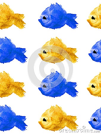 Seamless pattern of watercolor yellow and blue silhouettes of fishes with black eye on white background isolated in the form of a Stock Photo