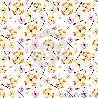 Seamless Pattern of Watercolor Yellow Flowers And Arrows Stock Photo